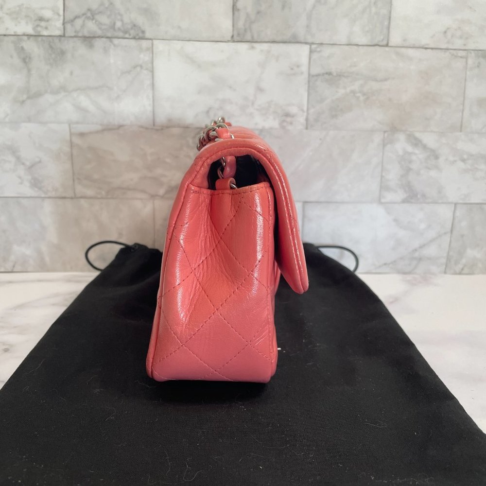 Chanel Mini Classic Flap Pink Coral Orange Lambskin Rectangular Crossbody Silver - Picture 12 of 15